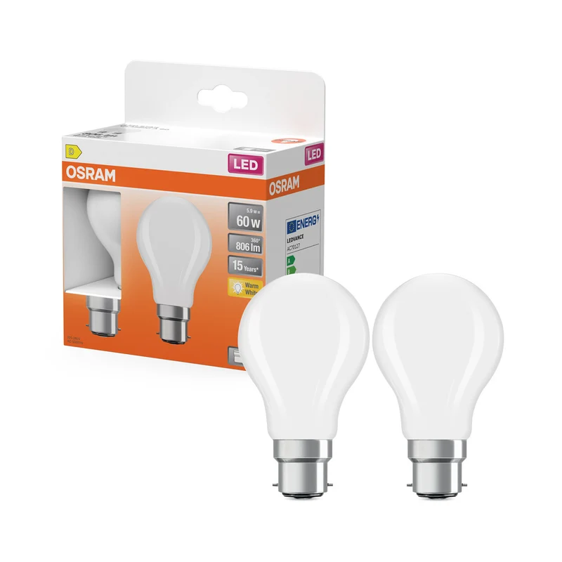 Lámpara LED OSRAM LED Retrofit CLASSIC A 6,5 W 827 Frosted B22d paquete de 2, 806 lm, 2700 K, blanco cálido, paquete de 2