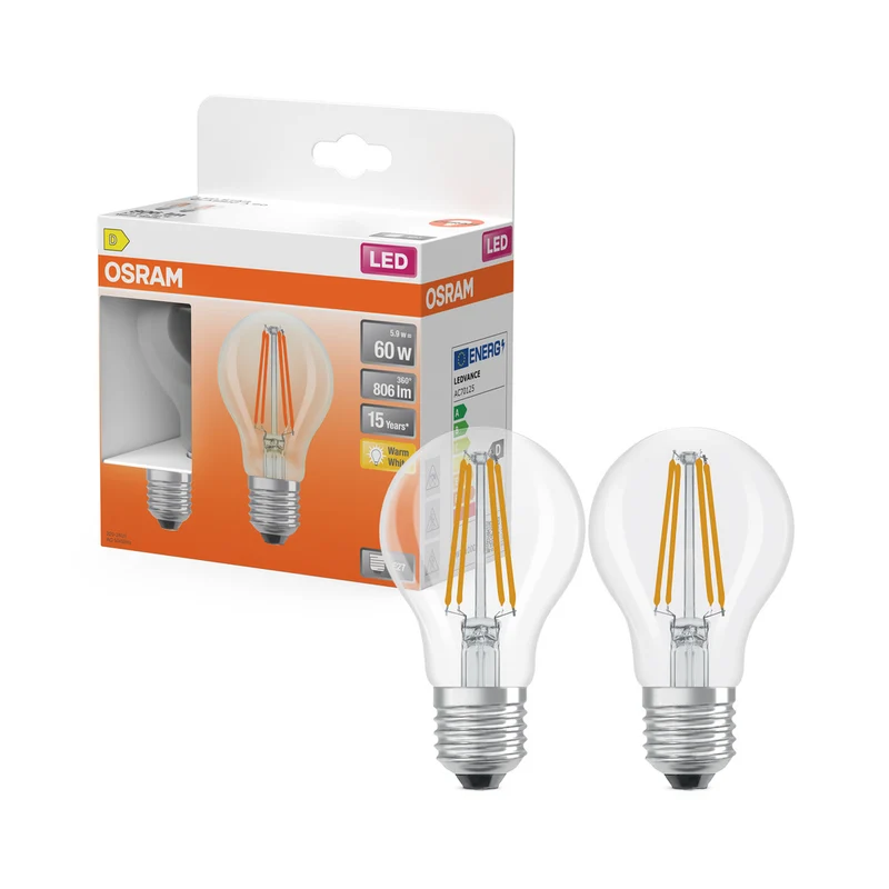 Bombillas LED OSRAM, forma clásica, equivalente a 60 W, E27, forma A, 2700 Kelvin, blanco cálido, vidrio transparente, paquete de 2