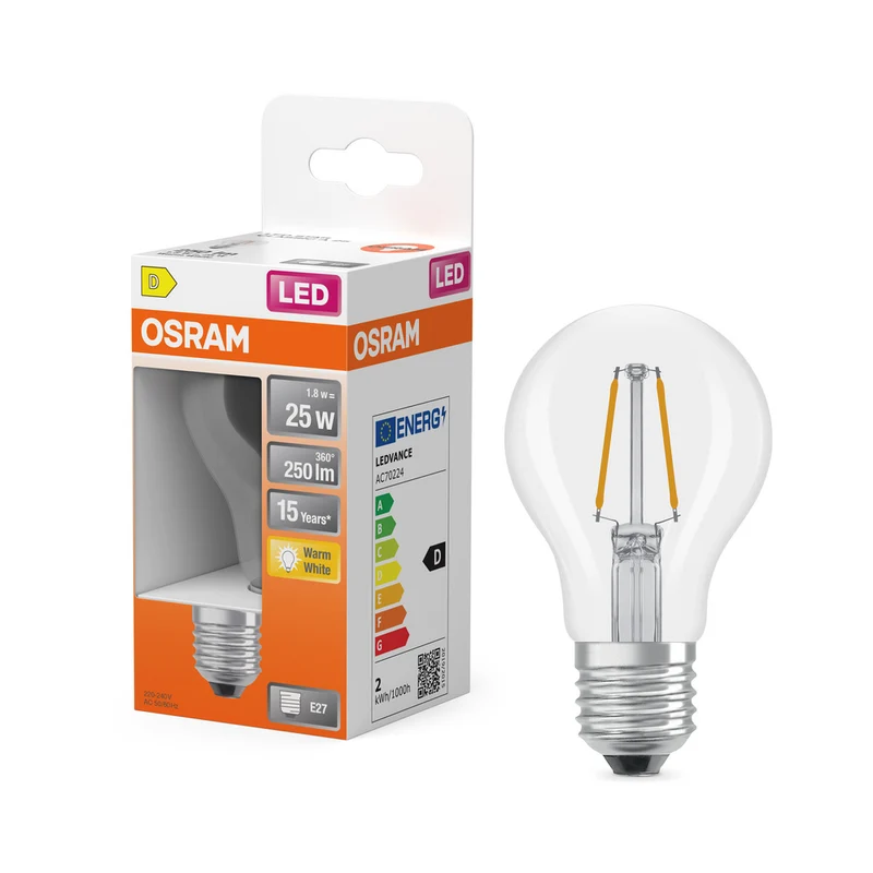 Lámpara LED OSRAM LED Retrofit CLASSIC A 2,5W 827 Transparente E27, 250 lm, 2700 K, blanco cálido