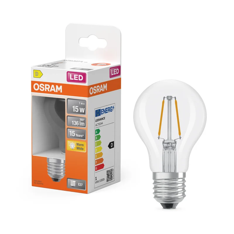 Lámpara OSRAM LED Retrofit Classic A transparente (ex 15W) 1,5W / 2700K Blanco cálido E27