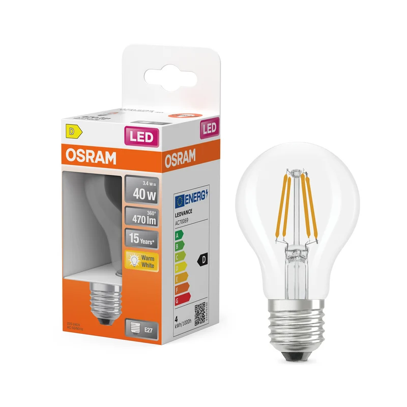 Lámpara LED OSRAM LED Retrofit Classic A (ex 40W) 4W / 2700K Blanco cálido E27
