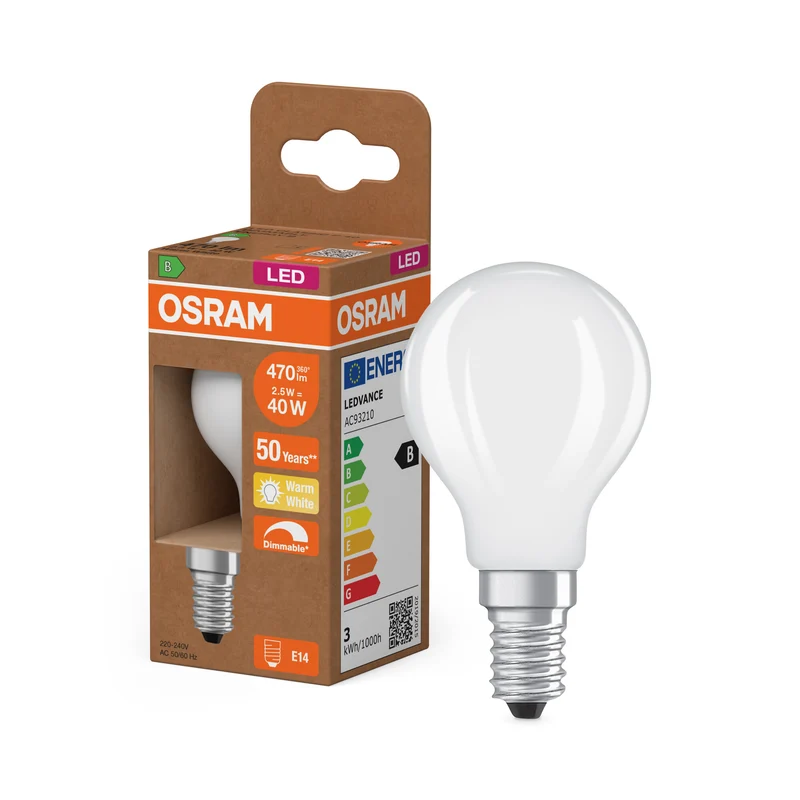 OSRAM LED CLASSIC P ENERGY EFFICIENCY B DIM en forma de P, bombilla LED, cristal, mate, 2,5 W, 470 lm, 2700 K, regulable, CRI 80