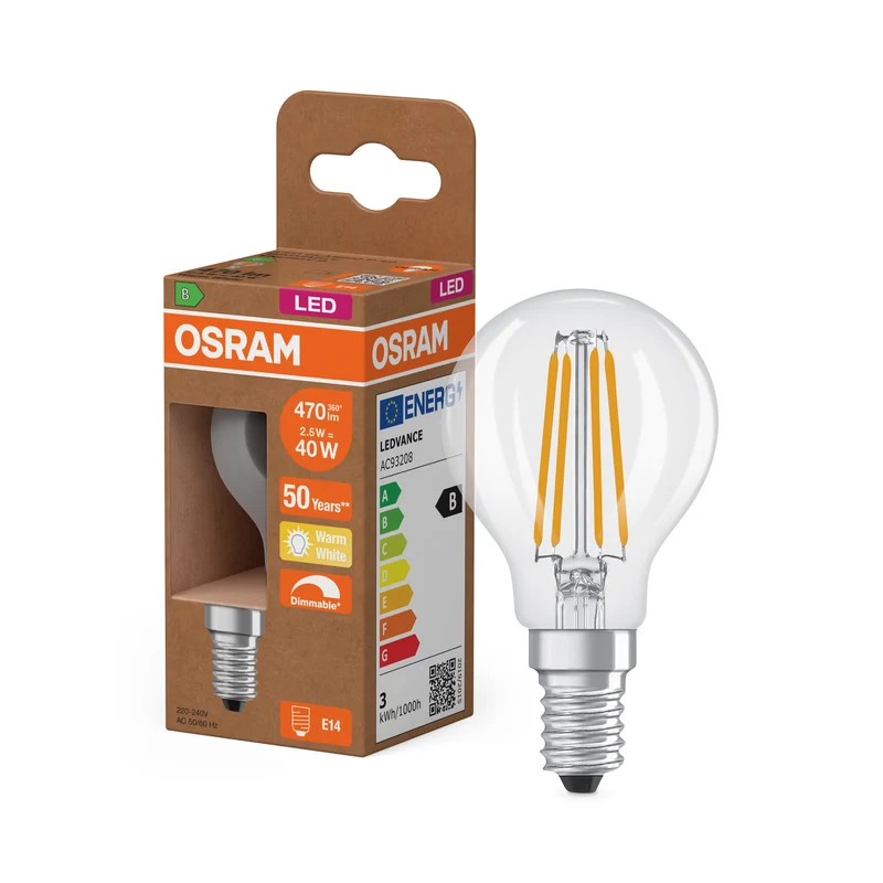 OSRAM LED CLASSIC P ENERGY EFFICIENCY B DIM en forma de P, bombilla LED, cristal transparente, 2,5 W, 470 lm, 2700 K, regulable, CRI 80