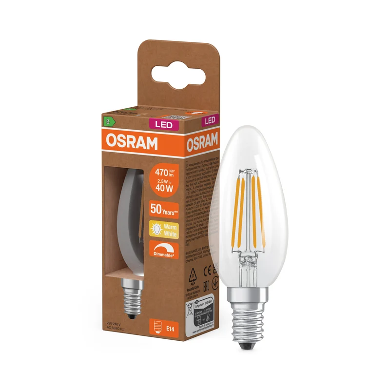 OSRAM LED CLASSIC B EFICIENCIA ENERGÉTICA B DIM en forma de B, bombilla LED, cristal transparente, 2,5 W, 470 lm, 2700 K, regulable, CRI 80