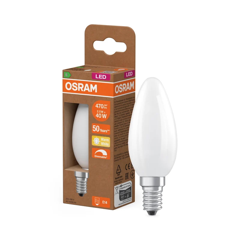 OSRAM LED CLASSIC B EFICIENCIA ENERGÉTICA B DIM en forma de B, bombilla LED, cristal, mate, 2,5 W, 470 lm, 2700 K, regulable, CRI 80