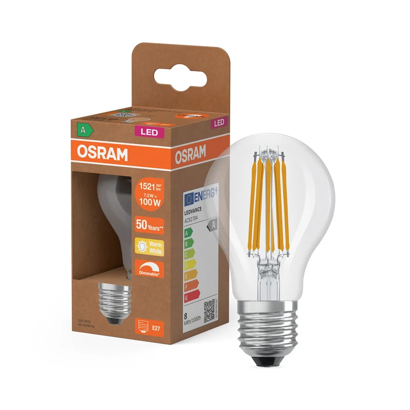 OSRAM LED CLASSIC A ENERGY EFFICIENCY A DIM con forma de A, bombilla LED, cristal transparente, 7,2 W, 1521 lm, 2700 K, regulable, clase de eficiencia energética: A, CRI 80