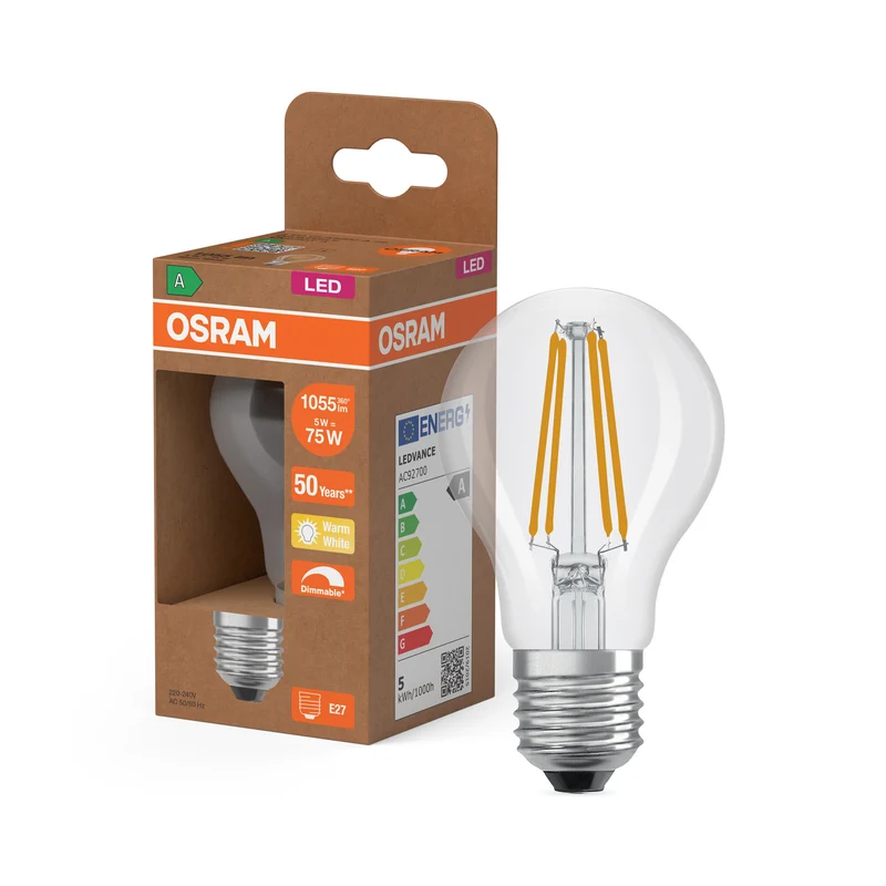 OSRAM LED CLASSIC A ENERGY EFFICIENCY A DIM con forma de A, bombilla LED, cristal transparente, 5 W, 1055 lm, 2700 K, regulable, clase de eficiencia energética: A, CRI 80