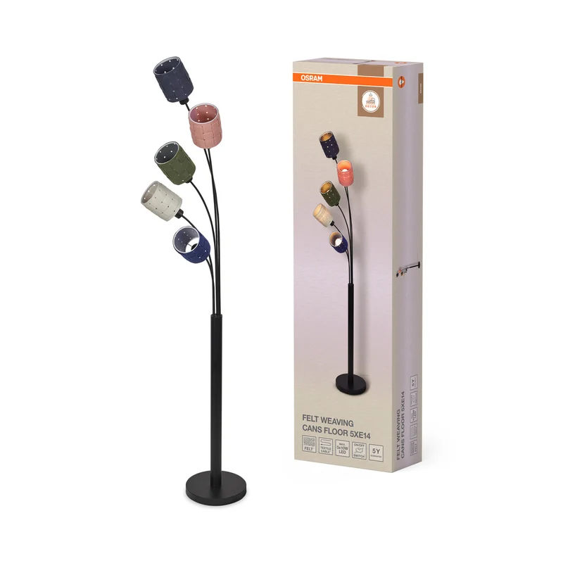 Lámpara de pie OSRAM DECOR de 5 focos con latas de tejido de fieltro decorativo, E14