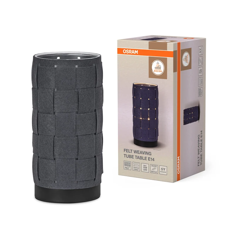 Lámpara de mesa OSRAM DECOR, tubo de tejido de fieltro decorativo, gris, E14