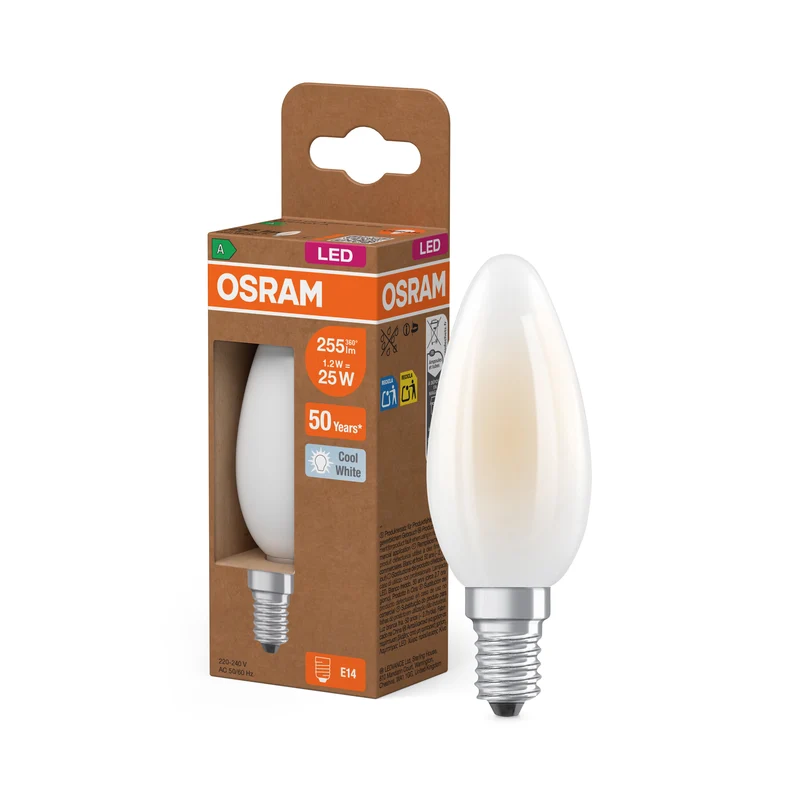 OSRAM LED CLASSIC B, eficiencia energética A, lámpara LED, cristal sin plomo, mate, 1,2 W, (equivalente a 25 W), 255 lm, blanco frío, 4000 K, Clase de eficiencia energética: A, CRI 80