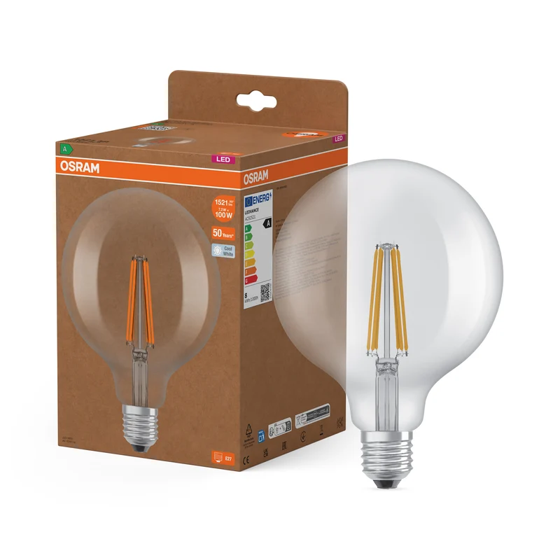 LÁMPARAS LED DE OSRAM, CLASE ENERGÉTICA A, EFICIENCIA ENERGÉTICA, FILAMENTO CLÁSICO Globe, lámpara LED, cristal sin plomo, transparente, 7,2 W, 1521 lm, blanco frío, clase de eficiencia energética: A