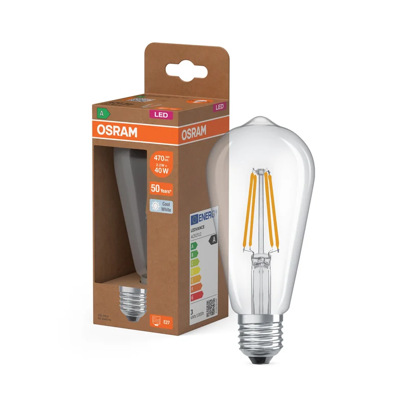LÁMPARAS LED DE OSRAM, CLASE DE EFICIENCIA ENERGÉTICA A, MODELO FILAMENTO CLÁSICO EDISON, lámpara LED, cristal sin plomo, transparente, 2,2 W, 470 lm, blanco frío, clase de eficiencia energética: A