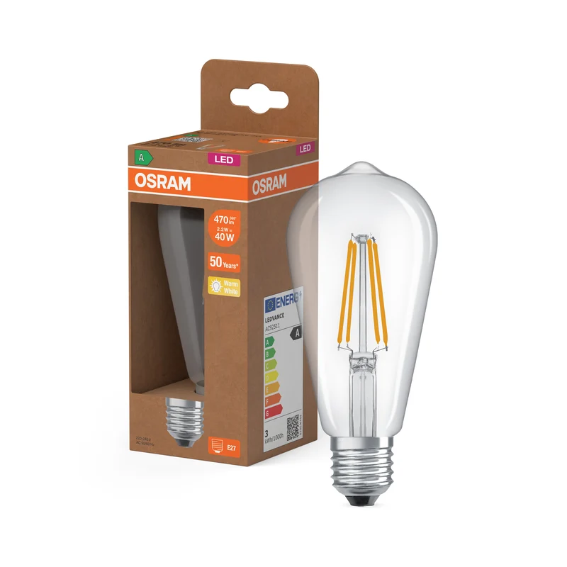 LÁMPARAS LED DE OSRAM, CLASE ENERGÉTICA A, EFICIENCIA ENERGÉTICA, FILAMENTO CLÁSICO EDISON, lámpara LED, cristal sin plomo, transparente, 2,2 W, 470 lm, blanco cálido, clase de eficiencia energética: A