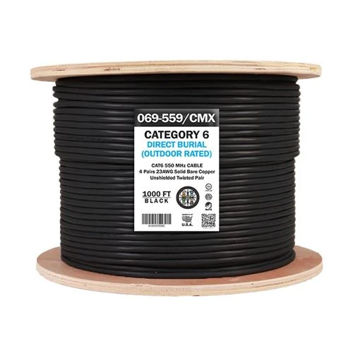 Cables de Red Vertical Cable Cat6 UTP UV Jacket Outdoor CMX 1000ft Bulk Ethernet Cable Negro