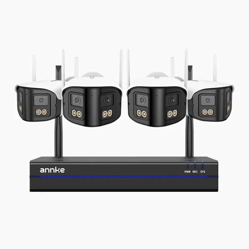 WSCD400P - Kit de 4 cámaras de vigilancia inalámbrico de 4MP con videograbador NVR de 8 canales, Doble Lente, WiFi Dual-Band 2.4G/5G, Visión Nocturna a Color, Audio Bidireccional, Almacenamiento en la Nube y Local hasta 256 GB, Compatible con Alexa