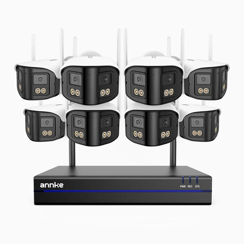WSCD400P - Kit de 8 cámaras de vigilancia inalámbrico de 4MP con videograbador NVR de 16 canales, Doble Lente, WiFi Dual-Band 2.4G/5G, Visión Nocturna a Color, Audio Bidireccional, Almacenamiento en la Nube y Local hasta 256 GB, Compatible con Alexa