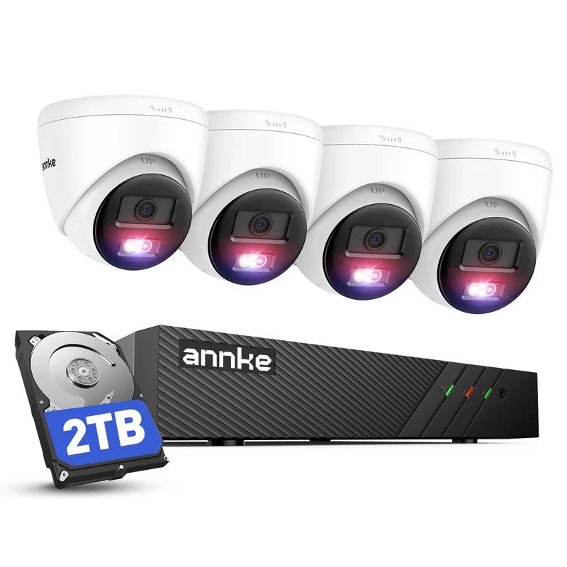 ANNKE Sistema de Cámaras de Seguridad PoE 3K, NVR 8CH 4K con HDD 2TB, 4 Cámaras IP con Detección de Personas y Vehículos, Visión Nocturna en Color, Audio Bidireccional, IP67