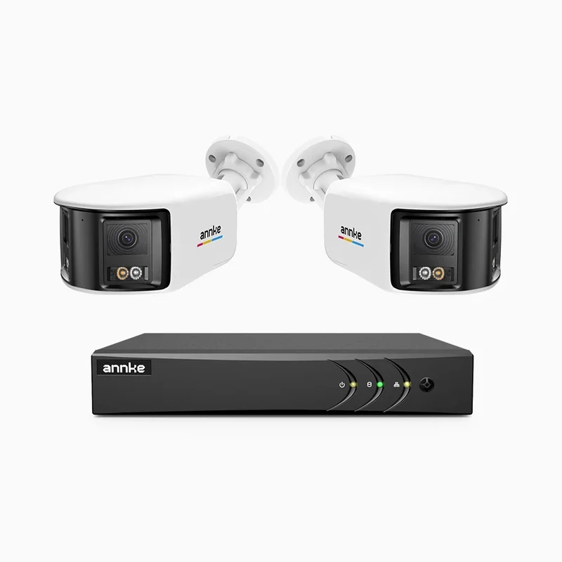 ACDK500 - Kit de 2 cámaras de vigilancia 3K con grabador de 8 canales, doble lente, panorámica 180°, visión nocturna Dual Light, Micrófono Incorporado, protección IP67