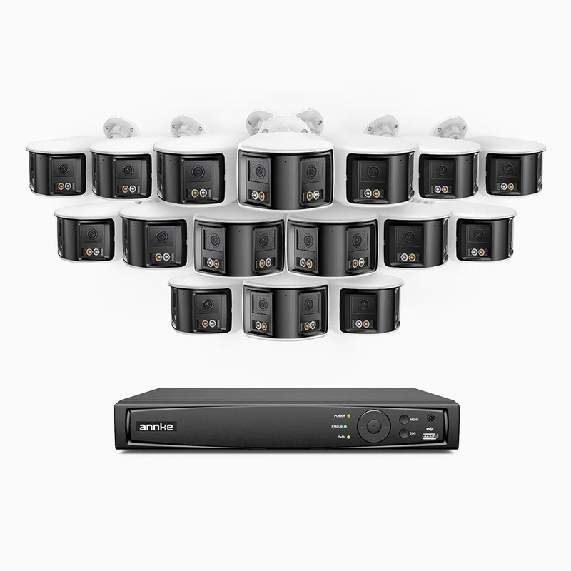 FDH600 - Kit de 16 cámaras de vigilancia PoE de 6MP con videograbador NVR de 16 canales, panorámica doble lente, Visión Nocturna con Doble Luz, Audio Bidireccional, Sirena y Alarma Activas, Detección de Personas y Vehículos, IP67