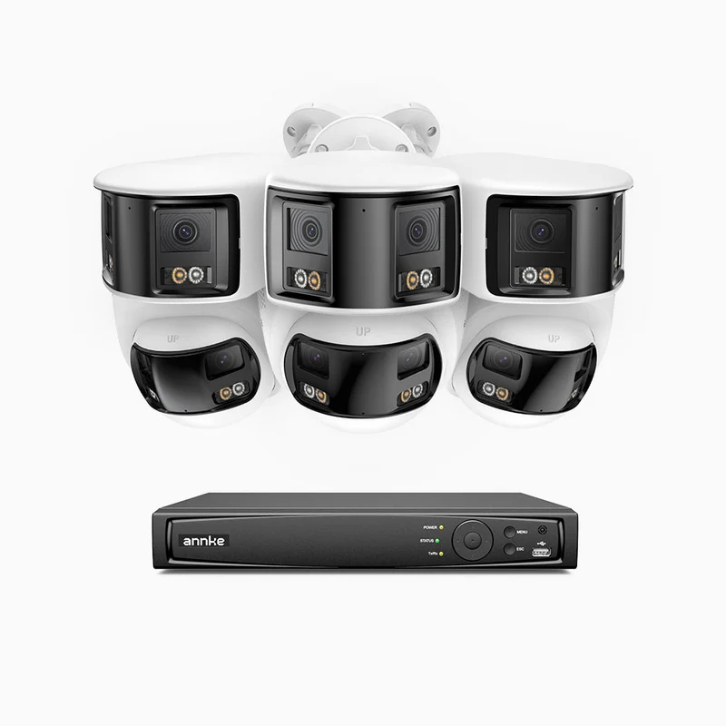 FDH600 - Kit de vigilancia PoE con 3 X 6MP cámara bullet y 3 cámaras domo y videograbador NVR de 8 canales, panorámica doble lente, Visión Nocturna con Doble Luz, Audio Bidireccional, Sirena y Alarma Activas, Detección de Personas y Vehículos, IP67
