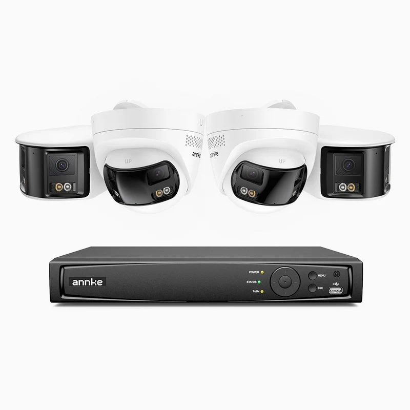 FDH600 - Kit de vigilancia PoE con 2 X 6MP cámara bullet y 2 cámaras domo y videograbador NVR de 8 canales, panorámica doble lente, Visión Nocturna con Doble Luz, Audio Bidireccional, Sirena y Alarma Activas, Detección de Personas y Vehículos, IP67