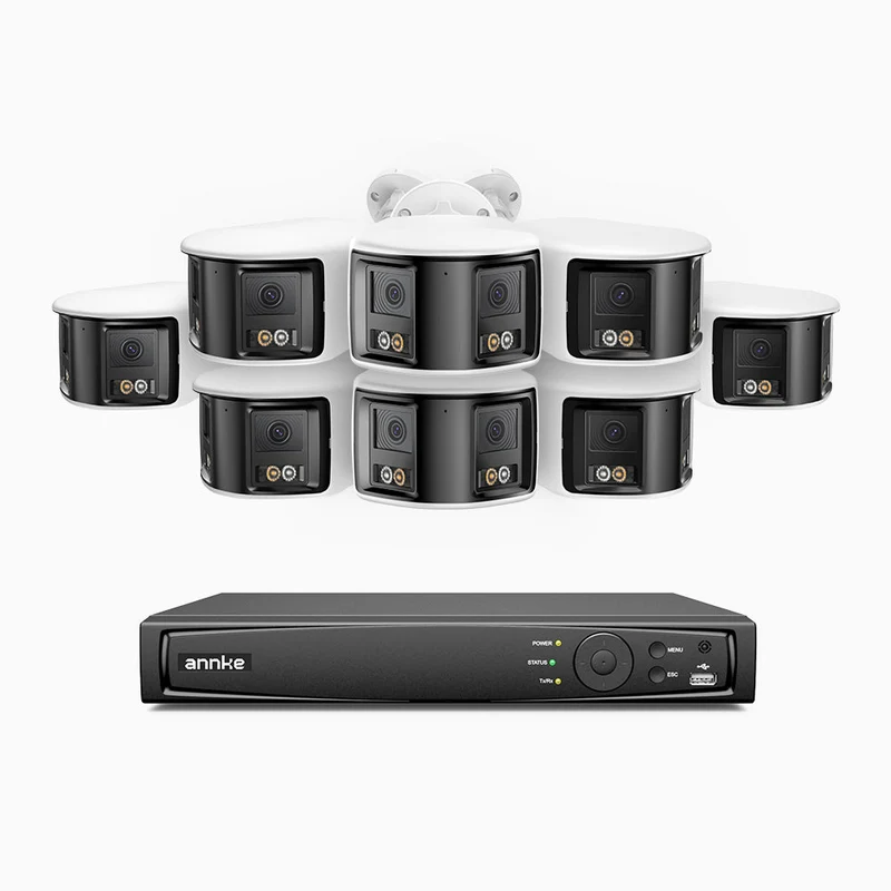 FDH600 - Kit de 8 cámaras de vigilancia PoE de 6MP con videograbador NVR de 8 canales, panorámica doble lente, Visión Nocturna con Doble Luz, Audio Bidireccional, Sirena y Alarma Activas, Detección de Personas y Vehículos, IP67