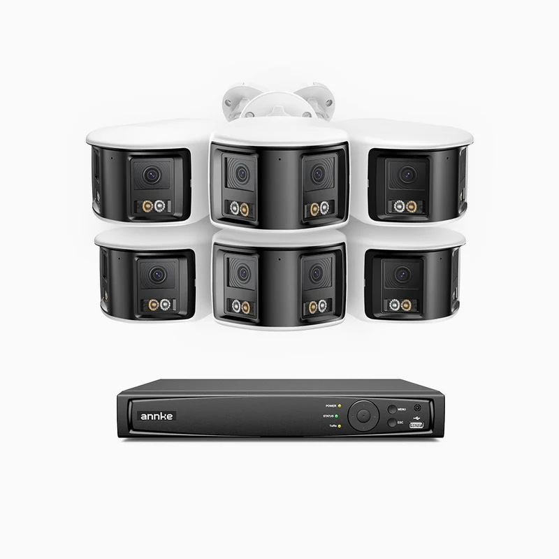 FDH600 - Kit de 6 cámaras de vigilancia PoE de 6MP con videograbador NVR de 8 canales, panorámica doble lente, Visión Nocturna con Doble Luz, Audio Bidireccional, Sirena y Alarma Activas, Detección de Personas y Vehículos, IP67