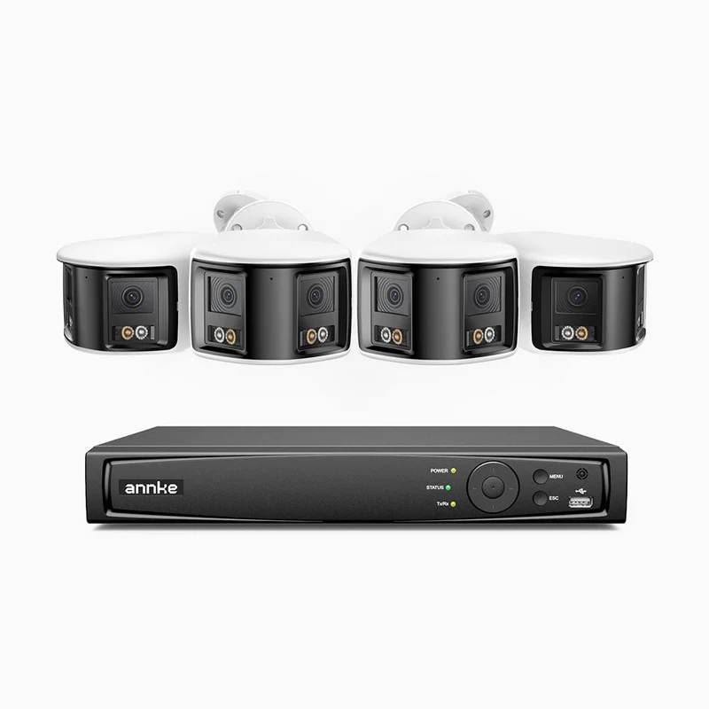 FDH600 - Kit de 4 cámaras de vigilancia PoE de 6MP con videograbador NVR de 8 canales, panorámica doble lente, Visión Nocturna con Doble Luz, Audio Bidireccional, Sirena y Alarma Activas, Detección de Personas y Vehículos, IP67