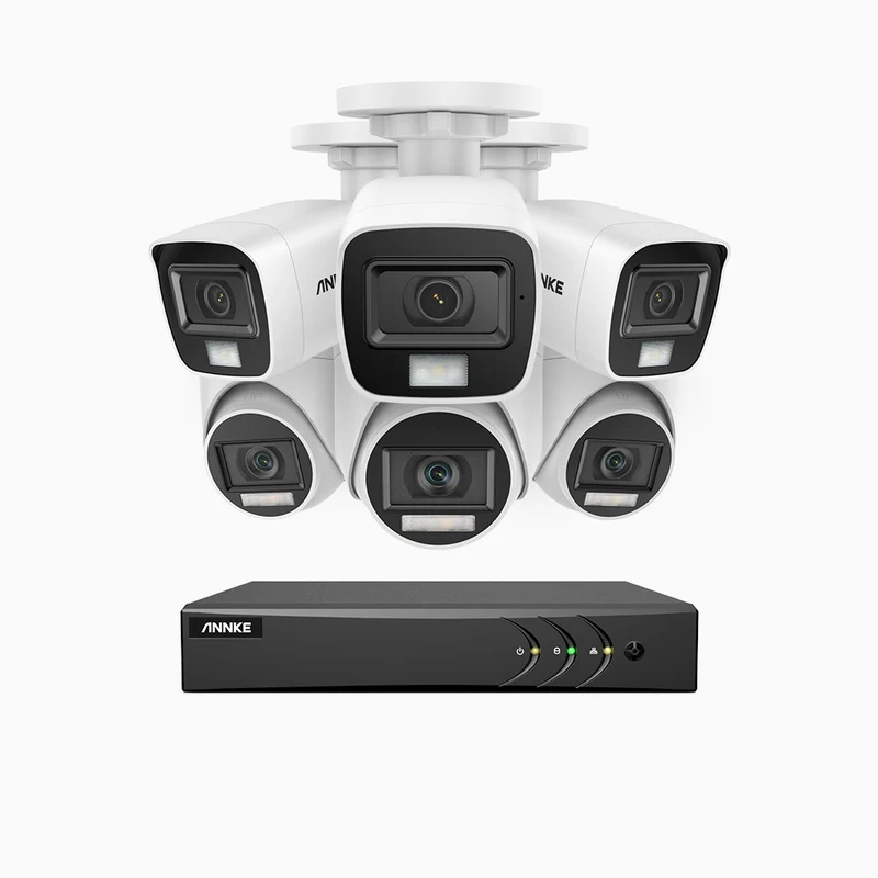 ADLK500 - Kit de vigilancia 3K con 3 cámaras bullet y 3 cámaras domo y grabador de 8 canales, Doble Luz Visión Nocturna, Apertura Superficial f/1.2, Señal de Salida 4 en 1, Micrófono Incorporado, IP67 Resistente al Clima