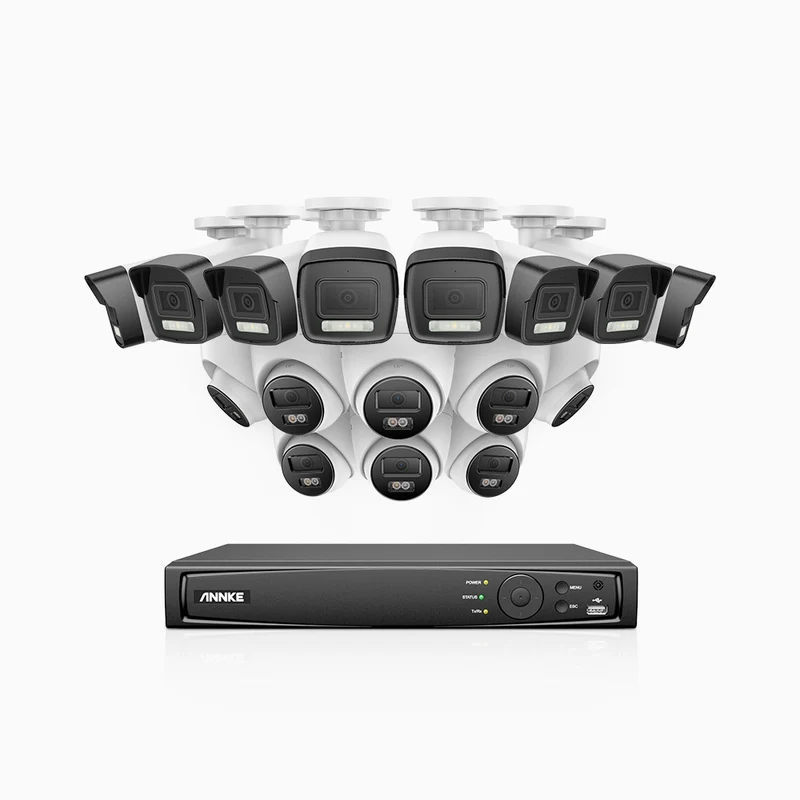 H500P - Kit de vigilancia PoE de 3K con 8 cámara bullet y 8 cámara domo y videograbador NVR de 16 canales, 3072 × 1728 @ 20 fps, Detección de Personas y Vehículos, Audio Bidireccional, IP67