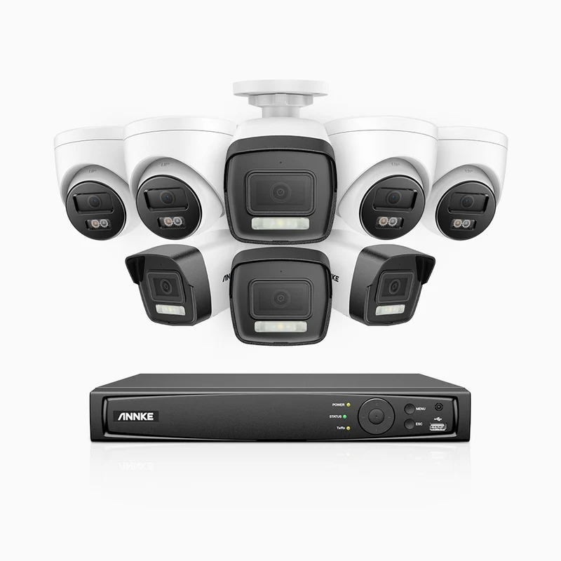 H500P - Kit de vigilancia PoE de 3K con 4 cámara bullet y 4 cámara domo y videograbador NVR de 16 canales, 3072 × 1728 @ 20 fps, Detección de Personas y Vehículos, Audio Bidireccional, IP67
