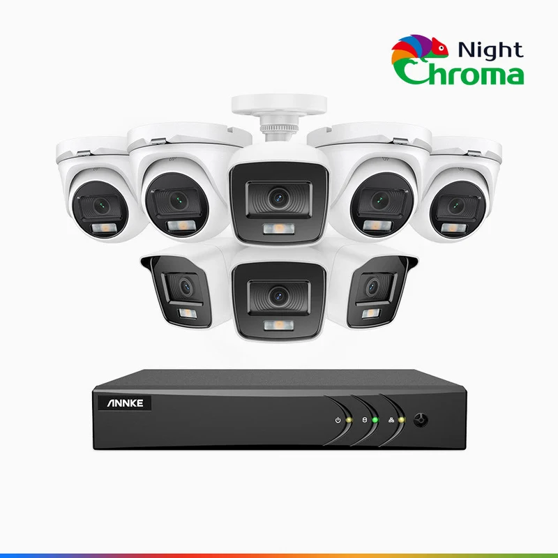 NightChroma TM NAK200 - Kit de 4 cámara bullet y 4 cámara domo y de vigilancia 1080p con grabador de 8 canales, visión nocturna en color 1080p, apertura f/1.0 (0.001 lux), campo de visión de 121°, alineación activa