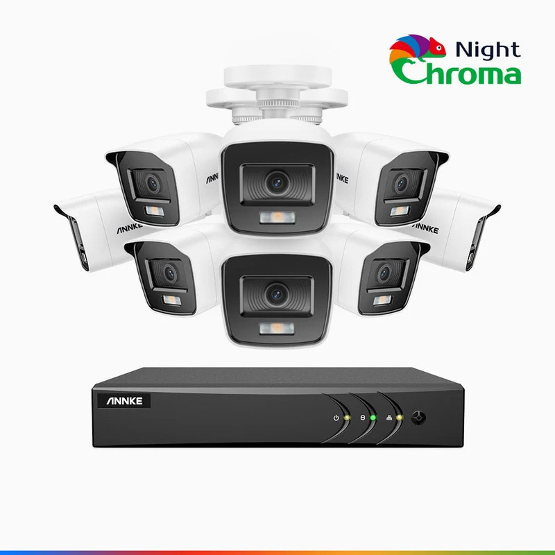 NightChroma TM NAK200 - Kit de 8 cámaras de vigilancia 1080p con grabador de 8 canales, visión nocturna en color 1080p, apertura f/1.0 (0.001 lux), campo de visión de 121°, alineación activa