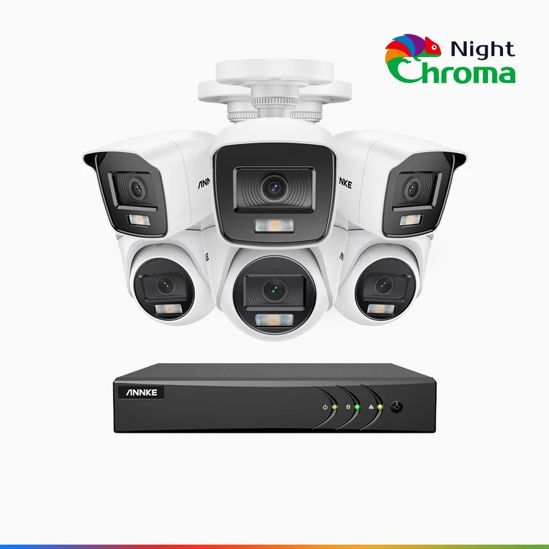 NightChroma TM NAK200 - Kit de 3 cámara bullet y 3 cámara domo y de vigilancia 1080p con grabador de 8 canales, visión nocturna en color 1080p, apertura f/1.0 (0.001 lux), campo de visión de 121°, alineación activa