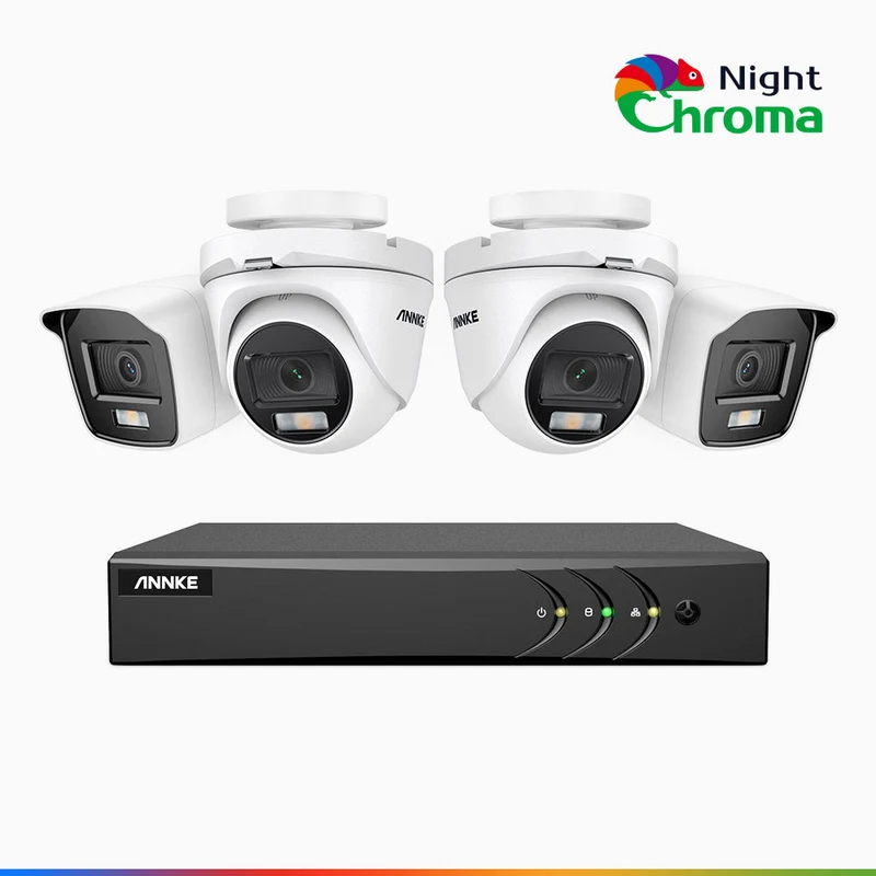 NightChroma TM NAK200 - Kit de 2 cámara bullet y 2 cámara domo y de vigilancia 1080p con grabador de 8 canales, visión nocturna en color 1080p, apertura f/1.0 (0.001 lux), campo de visión de 121°, alineación activa