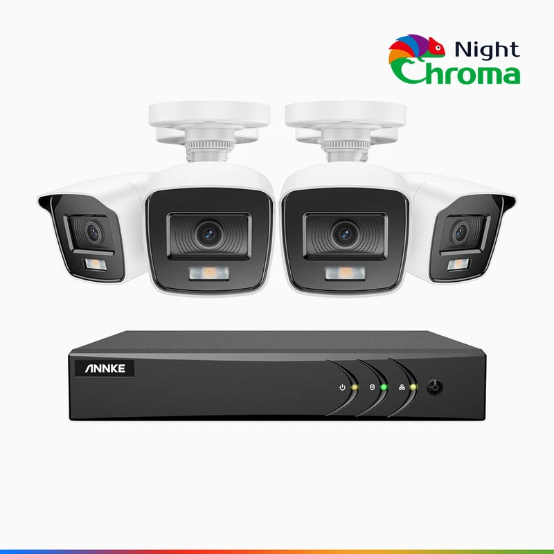 NightChroma TM NAK200 - Kit de 4 cámaras de vigilancia 1080p con grabador de 8 canales, visión nocturna en color 1080p, apertura f/1.0 (0.001 lux), campo de visión de 121°, alineación activa