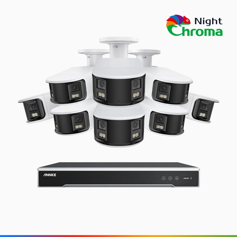 NightChroma TM NDK800 – Kit de 8 cámaras de vigilancia PoE de 4K con videograbador NVR de 8 canales, panorámica doble lente, visión nocturna en color, detección de humanos y vehículos, análisis de comportamiento inteligente