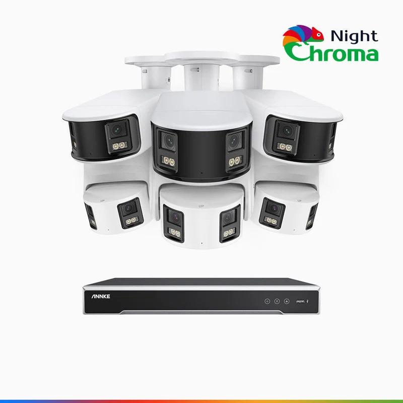 NightChroma TM NDK800 – Kit de vigilancia PoE de 4K con 3 cámara bullet y 3 cámaras domo y videograbador NVR de 8 canales, panorámica doble lente, visión nocturna en color, detección de humanos y vehículos, micrófono incorporado