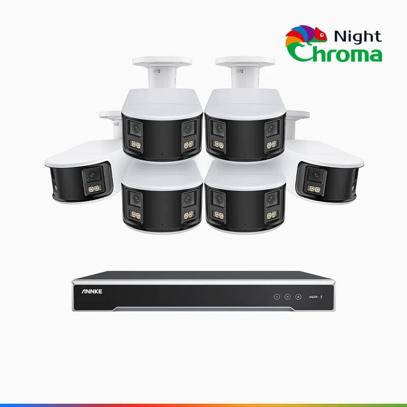 NightChroma TM NDK800 – Kit de 6 cámaras de vigilancia PoE de 4K con videograbador NVR de 8 canales, panorámica doble lente, visión nocturna en color, detección de humanos y vehículos, análisis de comportamiento inteligente