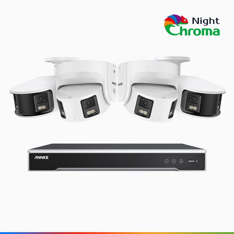 NightChroma TM NDK800 – Kit de vigilancia PoE de 4K con 2 cámara bullet y 2 cámaras domo y videograbador NVR de 8 canales, panorámica doble lente, visión nocturna en color, detección de humanos y vehículos, micrófono incorporado