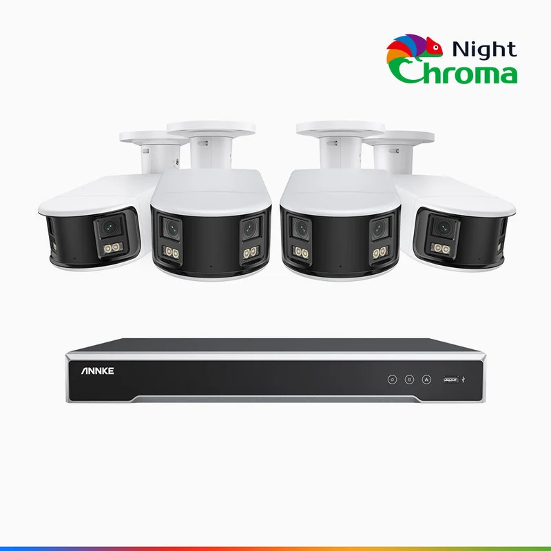 NightChroma TM NDK800 – Kit de 4 cámaras de vigilancia PoE de 4K con videograbador NVR de 8 canales, panorámica doble lente, visión nocturna en color, detección de humanos y vehículos, análisis de comportamiento inteligente