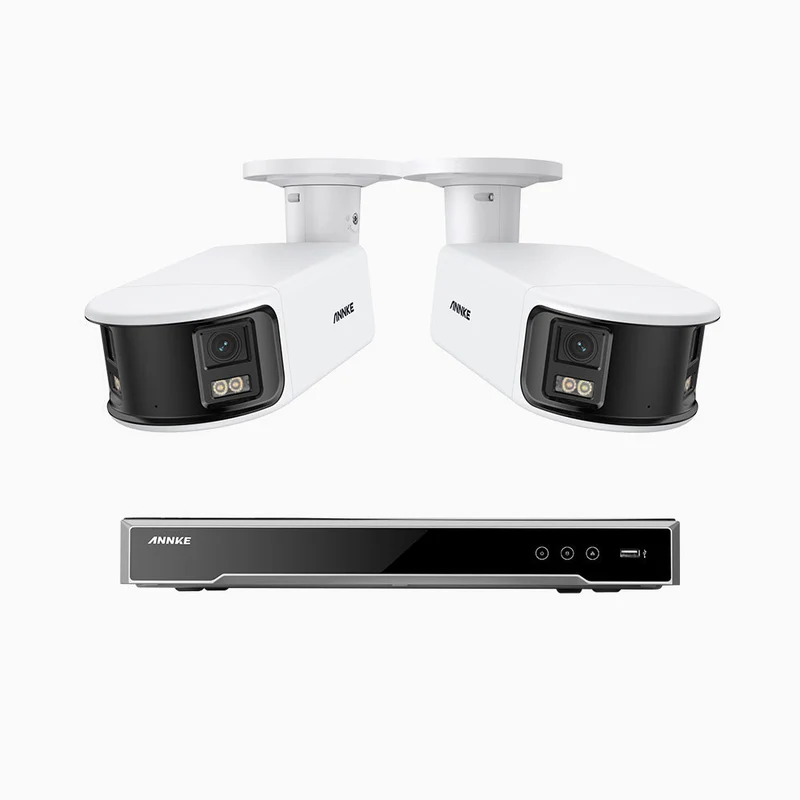 NightChroma TM NDK800 – Kit de 2 cámaras de vigilancia PoE de 4K con videograbador NVR de 8 canales, panorámica doble lente, visión nocturna en color, detección de humanos y vehículos, análisis de comportamiento inteligente