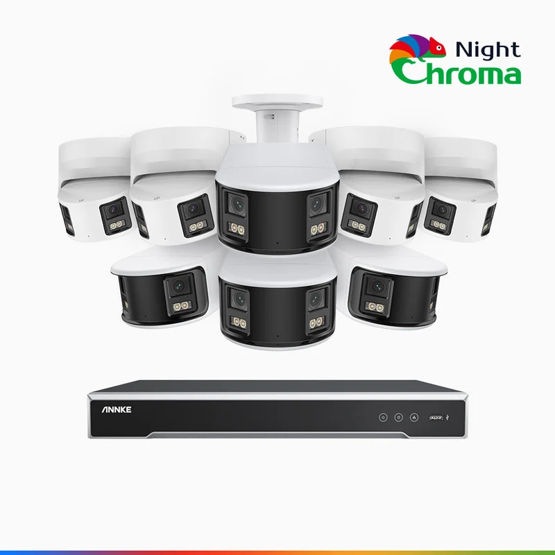 NightChroma TM NDK800 – Kit de vigilancia PoE de 4K con 4 cámara bullet y 4 cámaras domo y videograbador NVR de 16 canales, panorámica doble lente, visión nocturna en color, detección de humanos y vehículos, micrófono incorporado