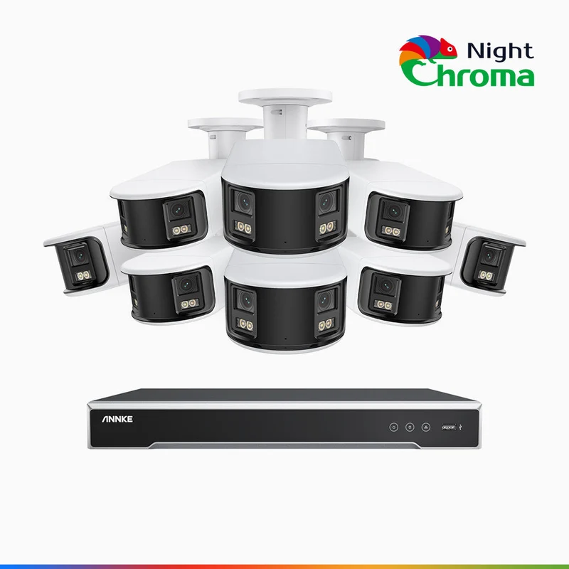 NightChroma TM NDK800 – Kit de 8 cámaras de vigilancia PoE de 4K con videograbador NVR de 16 canales, panorámica doble lente, visión nocturna en color, detección de humanos y vehículos, análisis de comportamiento inteligente