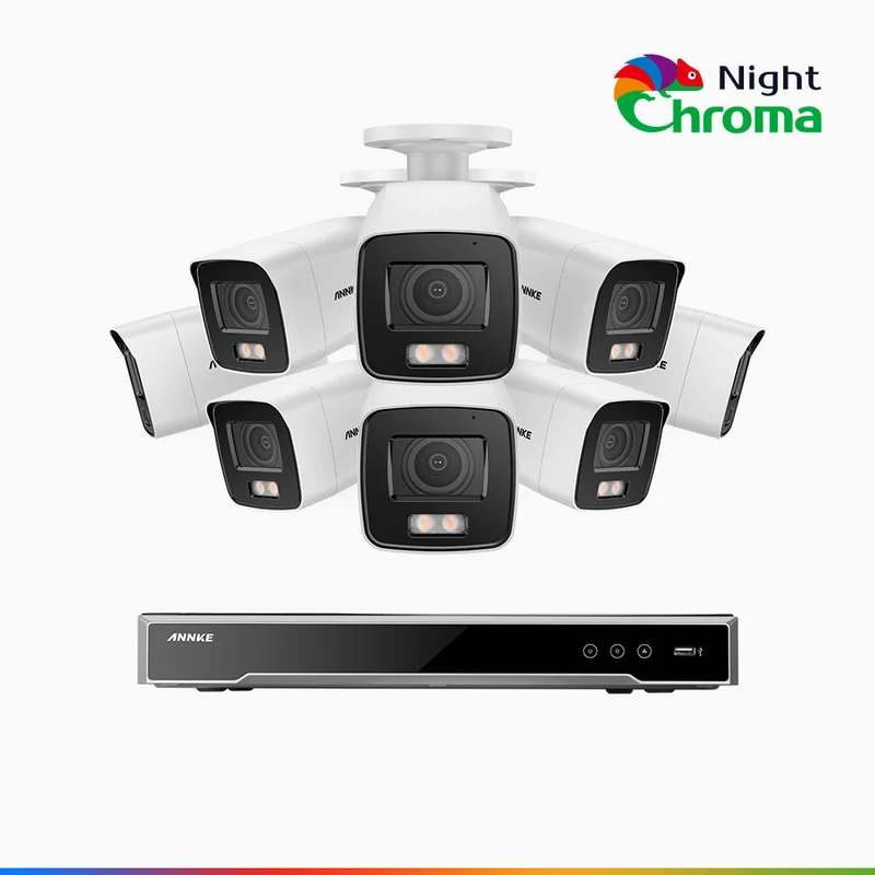 NightChroma TM NCK800 – Kit de 8 cámaras de vigilancia PoE de 4K con videograbador NVR de 8 canales, color visión nocturna, capacidad de decodificación 4K en 2 canales, detección de personas y vehículos, análisis inteligente de comportamiento