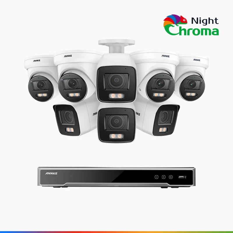 NightChroma TM NCK800 – Kit de vigilancia PoE de 4K con 4 cámara bullet y 4 cámaras domo y videograbador NVR de 8 canales, color visión nocturna, capacidad de decodificación 4K en 2 canales, detección de personas y vehículos