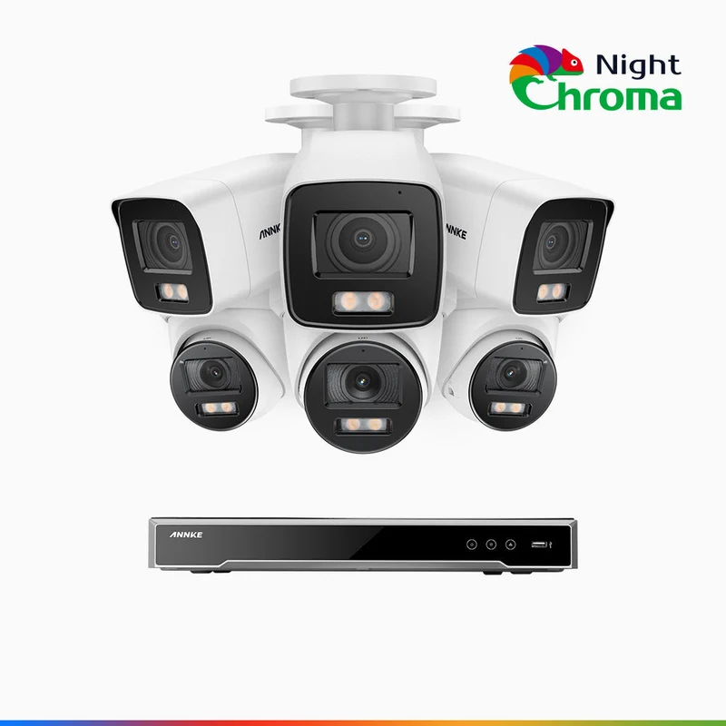 NightChroma TM NCK800 - Kit de vigilancia PoE de 4K con 3 cámara bullet y 3 cámaras domo y videograbador NVR de 8 canales, color visión nocturna, capacidad de decodificación 4K en 2 canales, detección de personas y vehículos