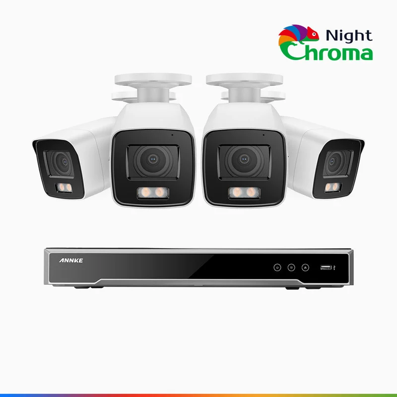 NightChroma TM NCK800 - Kit de 4 cámaras de vigilancia PoE de 4K con videograbador NVR de 8 canales, color visión nocturna, capacidad de decodificación 4K en 2 canales, detección de personas y vehículos, análisis inteligente de comportamiento