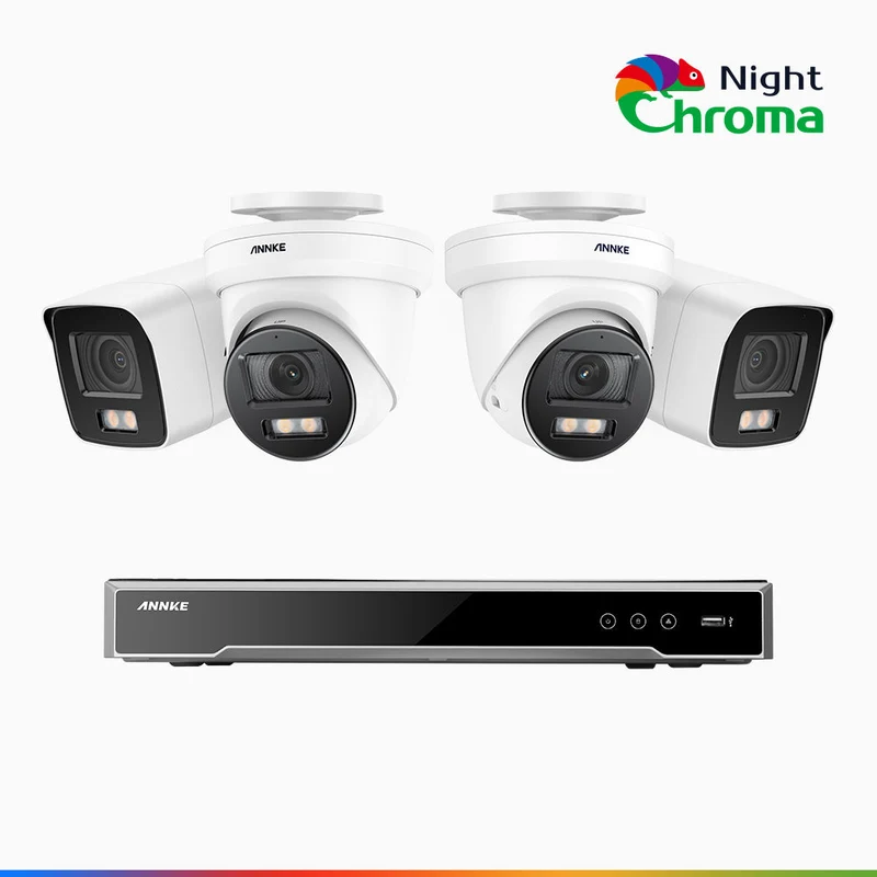 NightChroma TM NCK800 – Kit de vigilancia PoE de 4K con 2 cámara bullet y 2 cámaras domo y videograbador NVR de 8 canales, color visión nocturna, capacidad de decodificación 4K en 2 canales, detección de personas y vehículos
