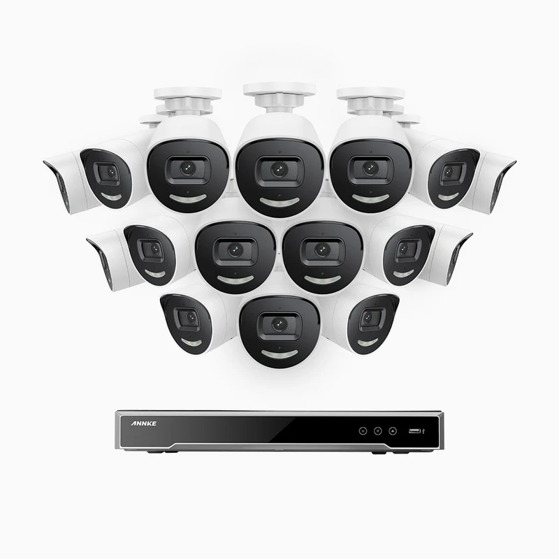 H800X - Kit de 16 cámaras de vigilancia PoE de 4K con videograbador NVR de 16 canales, apertura f/1,6 (0,003 Lux), alarma de sirena y estroboscópica, audio bidireccional, detección de personas y vehículos, protección del perímetro, funciona con Alexa